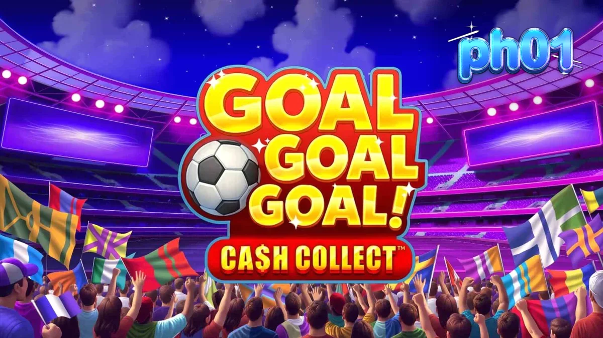 Isang makulay na display ng Goal Goal Goal: Cash Collect slot na nagpapakita ng stadium background at mga football symbols.